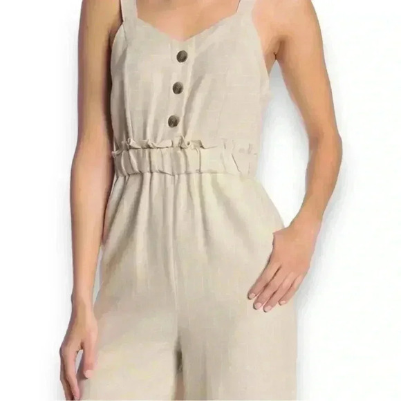 Romeo & Juliet Couture Tan Striped Linen Blend Jumpsuit Adjustable strap size Lg - Picture 4 of 16